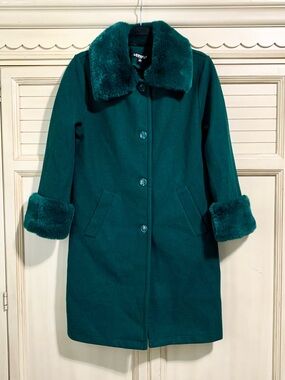 Love 83 Long Teal Jacket With Faux Fur Trim Women’s Size Small Faux Suede